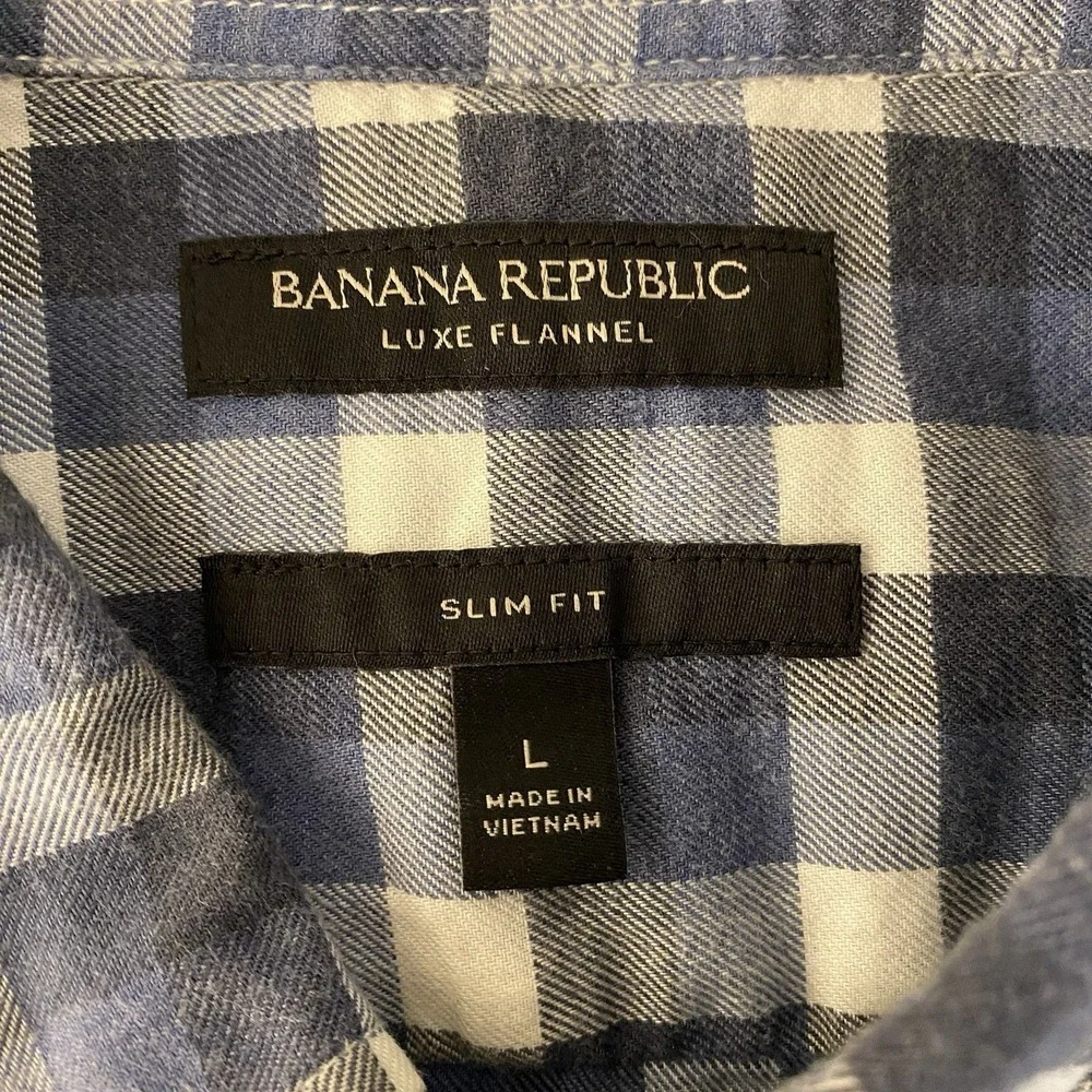 Banana Republic Luxe‎ Flannel Slim Fit Mens Large Check Button Down Blue White